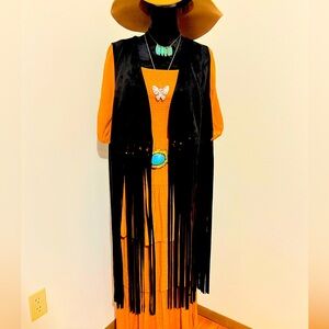 Long Black Fringe Faux Suede Boho Western Vest